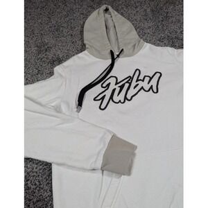 FUBU Hoodie Mens Small White Gray Script Logo Pullover Sweatshirt Kangaroo